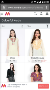 Myntra Colorful Kurtis Mobile Search