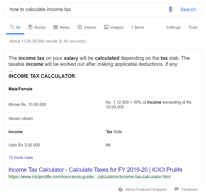 how to calculate income tax rank ICICI prudential is ranking on featured snippet for how to calculate income tax