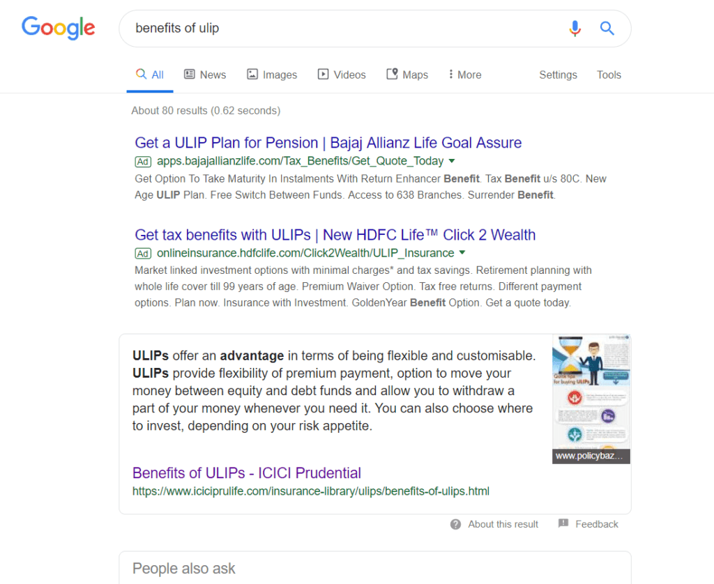 Benefits of ULIP ICICI Prudential is ranking on Featured snippet for benefits of ULIP