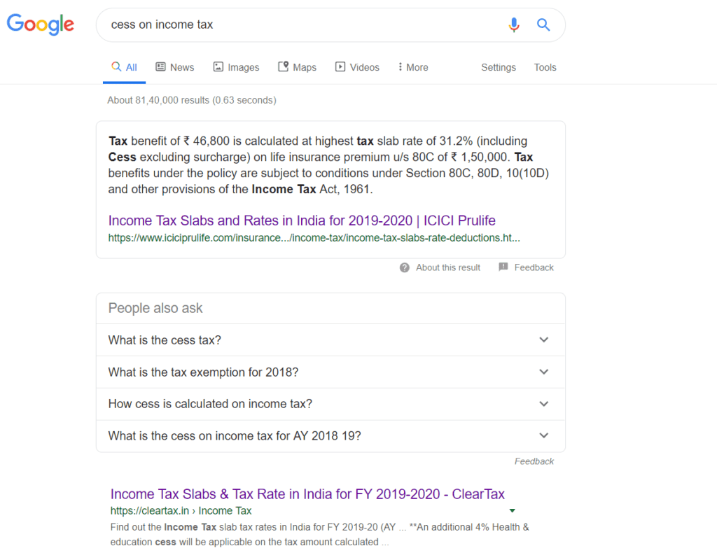 cess on income tax ICICI prudential is ranking on Featured snippet for cess on income tax
