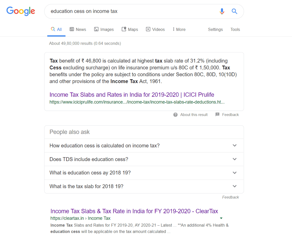 education cess on income tax ICICI Prudential is ranking on featured snippet for education cess on income tax