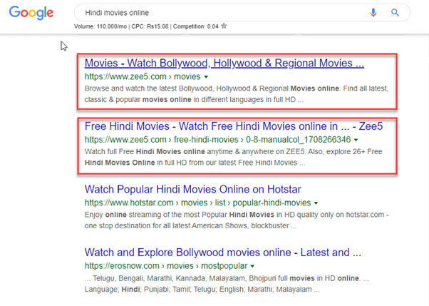 ZEE5 ranks #1 on "Hindi Movies Online" keyword #1 position on "Hindi Movies Online" keyword