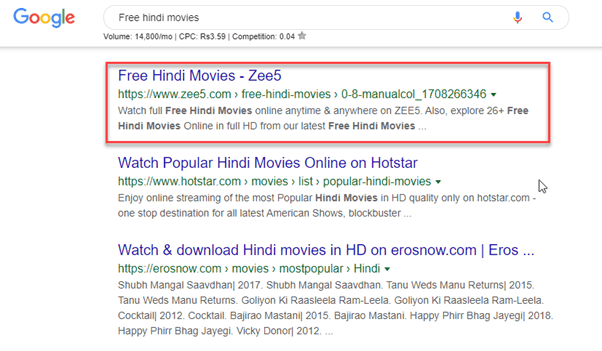 ZEE5 ranks #1 on "Free Hindi Movies" keyword #1 position on "Free Hindi Movies" keyword