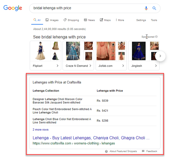 Craftsvilla is ranking for Bridal Lehenga with Price keyword in the featured snippet featured snippet of bridal lehenga with price