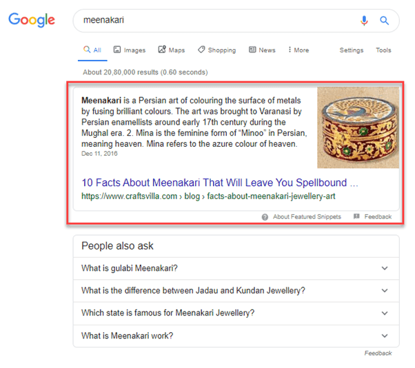 Craftsvilla is ranking for Meenakari keyword in the featured snippet featured snippet of meenakari