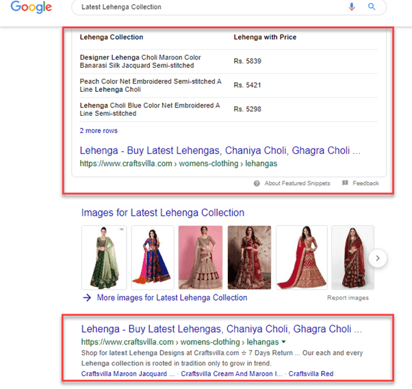 Craftsvilla is ranking for Latest Lehenga Collection keyword in #1 position and featured snippet featured snippet of latest lehenga collection