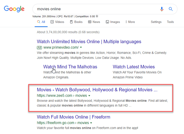 ZEE5 ranks #1 position on "Movies Online" keyword #1 position on "Movies Online" keyword for Zee5